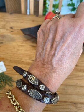 Campomaggi  Distressed  Brown Leather Wrap Bracelet with Silver Floral Conchos